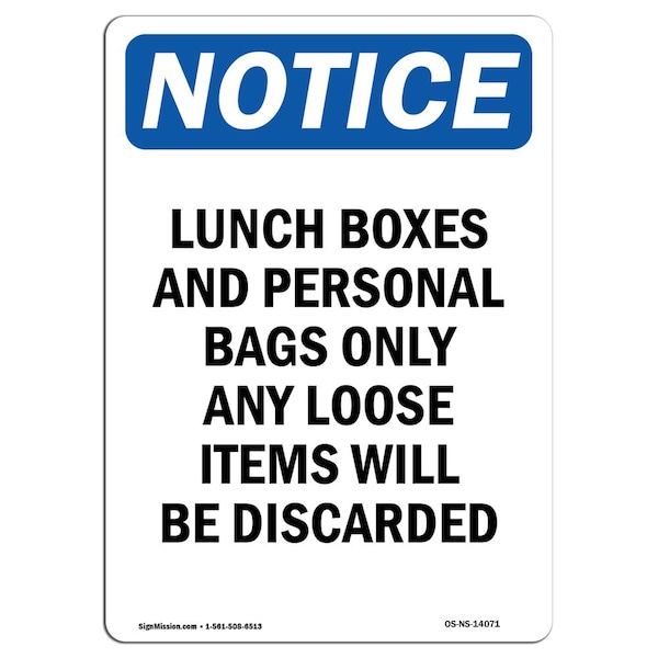 Safety Sign, OSHA Notice, 5" Height, Lunch Boxes And Personal Bags Sign, Portrait, 10PK